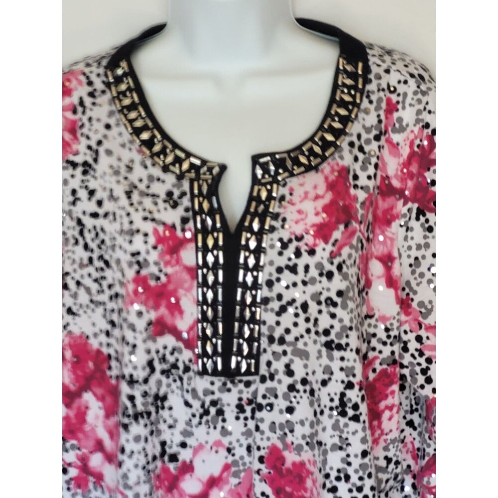Studded V Neck Top Blouse XL 3/4 Sleeve Clear Sequins Pink‎ Black Boho Artsy